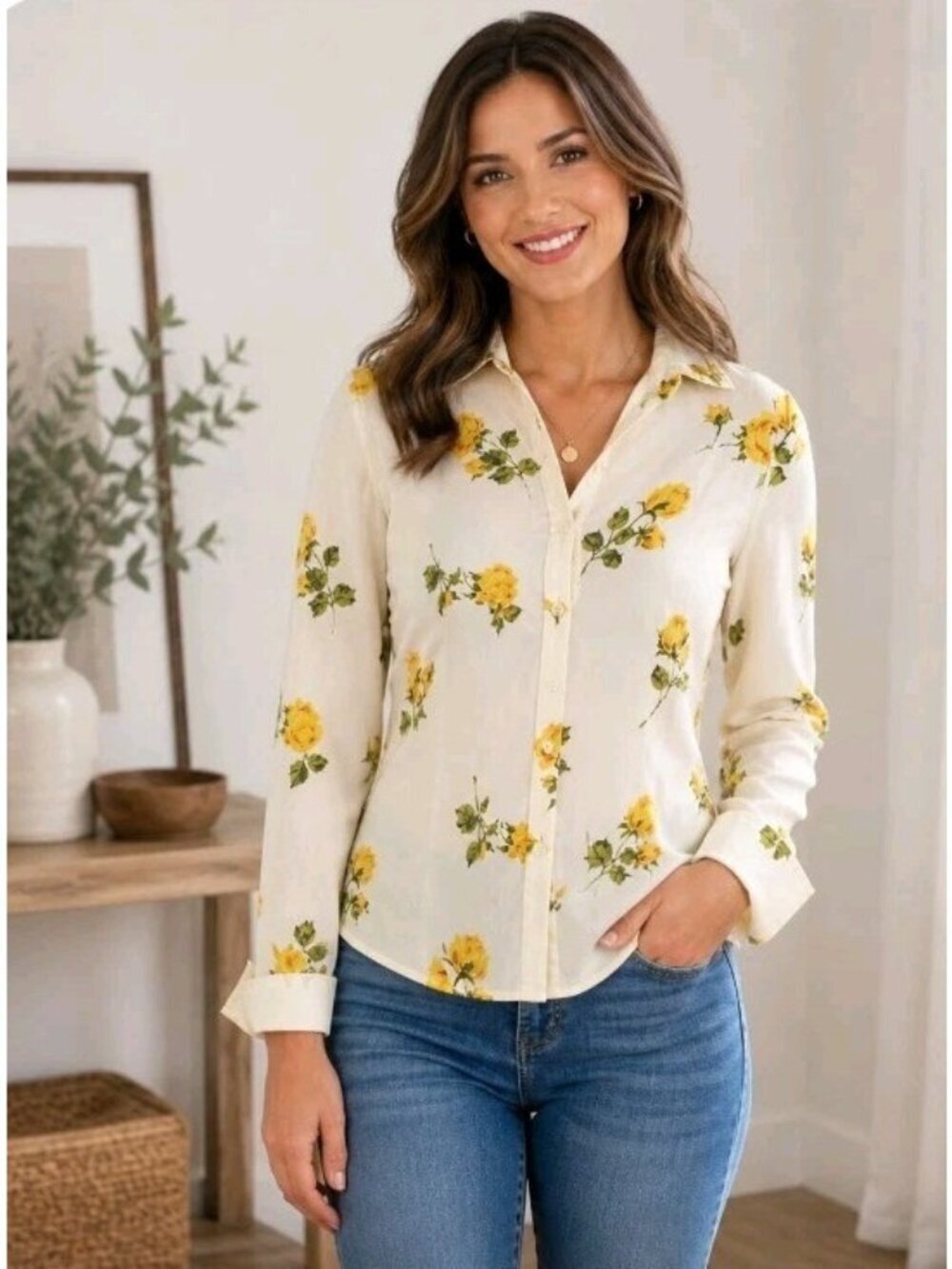 Vtg Old Navy Floral Long Sleeve Blouse Cotton Flared Cuff Size L Yellow